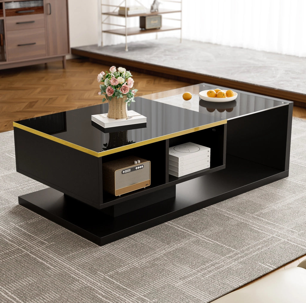 Tavolino da caffè nero lucido 100x50 cm con vetro e LED