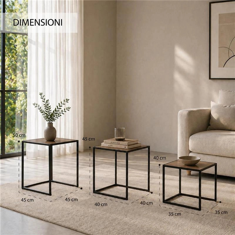 SET DI TRE TAVOLINI RETTANGOLARI CON STRUTTURA IN METALLO NERO E TOP IN MDF EFFETTO LEGNO SCURO MISURE: 35X40CM, 40X45CM, 45X50CM