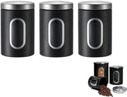 Bussola per conservazione caffè - 3 pezzi in metallo nero - contenitore di stock con finestra - contenitore di stock - con finestra - luchtdicht - con vetrino - conserva per caffè, caffè in grani, tè, zucchero, ecc.
