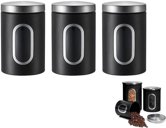 Bussola per conservazione caffè - 3 pezzi in metallo nero - contenitore di stock con finestra - contenitore di stock - con finestra - luchtdicht - con vetrino - conserva per caffè, caffè in grani, tè, zucchero, ecc.