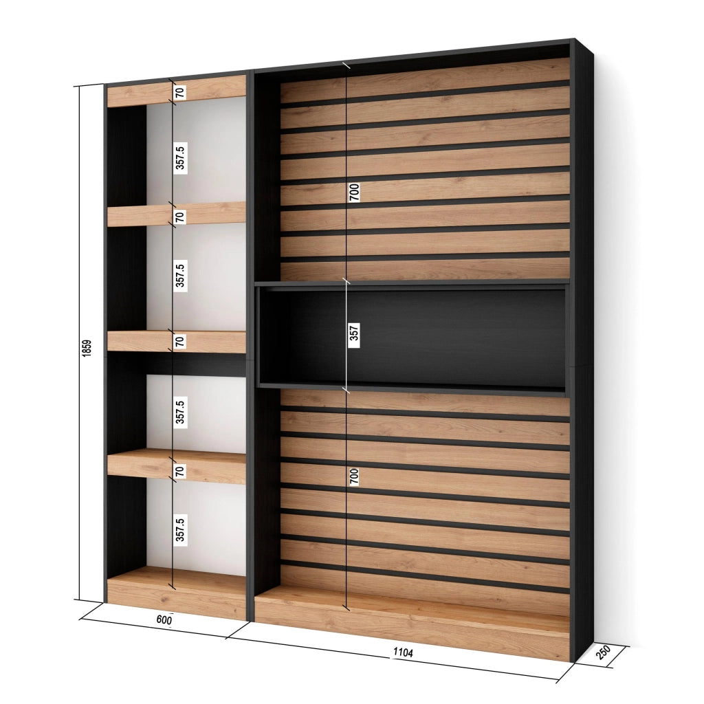 Libreria scaffale, 170x25x186cm, Soggiorno - Ufficio, Per libri, colore Rovere e nero RF2340