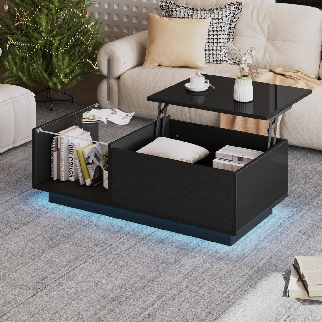 Tavolino basso sollevabile con 2 cassetti e vano nascosto LED finitura lucida moderna in legno ingegnerizzato nero