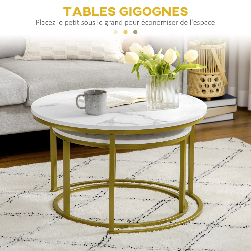 Tavolino da caff¨¨ tondo a due livelli con piano effetto marmo e gambe in acciaio ¨C zephmum ¨C bianco dorato ?74x46.3cm