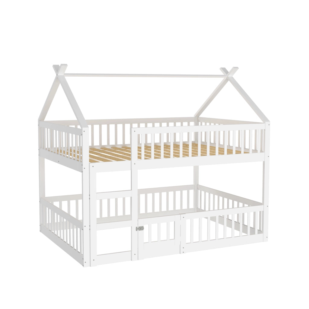 Letto a Castello 140x200 cm con Scala; Porta Apribile e Sponda in Legno Bianco