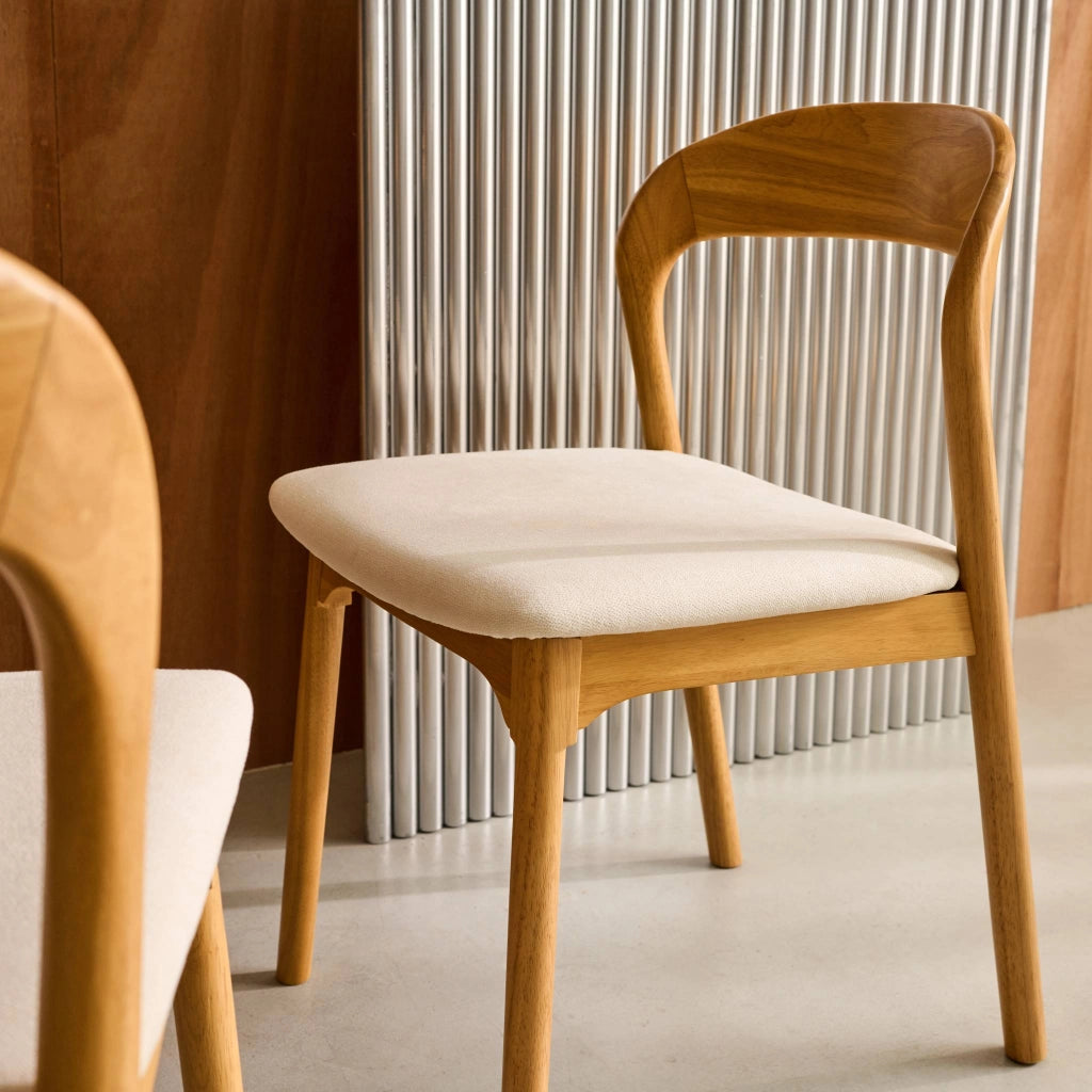 Set 2 sedie vintage in legno di hevea e tessuto, marrone naturale