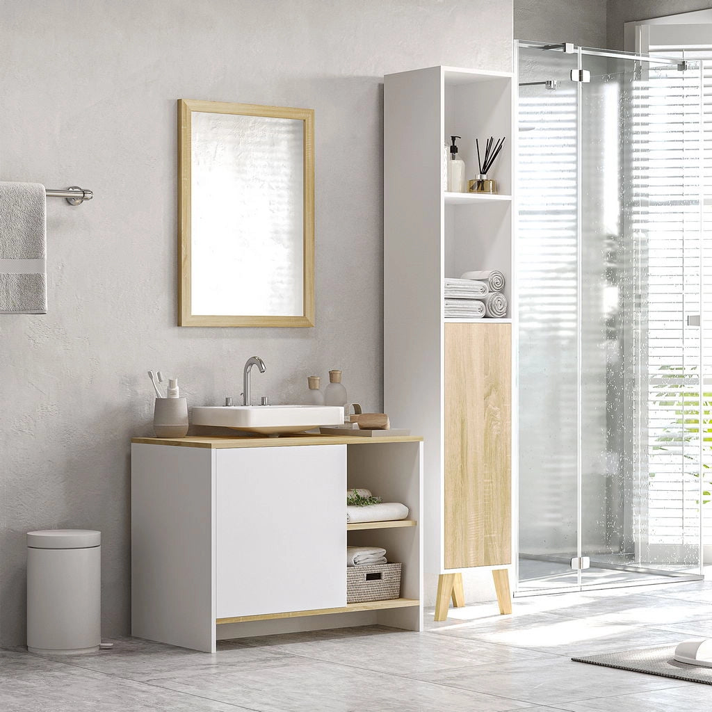 MOBILE BAGNO SOTTOLAVABO CON ARMADIETTO E 2 MENSOLE 77X45X60CM BIANCO E LEGNO