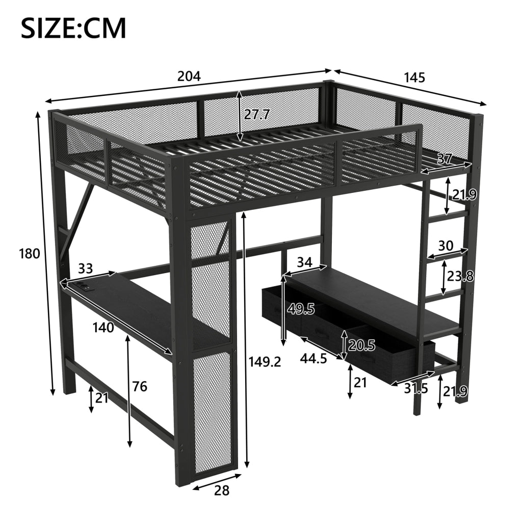 Letto a soppalco 140x200 cm nero con scrivania, LED, armadio aperto e cassetti