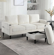 Divano 4 posti beige con pouf contenitore in ciniglia; porta-bicchieri e tasche laterali HOMVRA