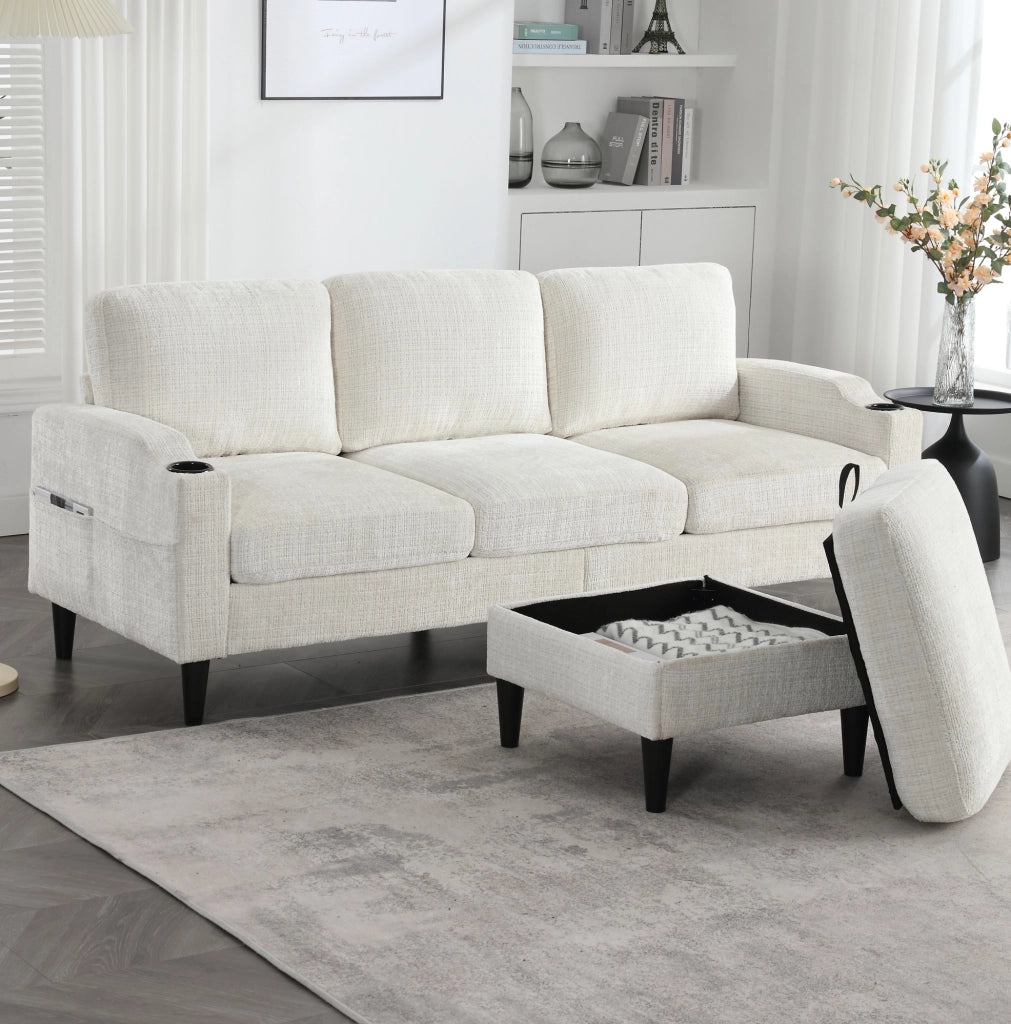 Divano 4 posti beige con pouf contenitore in ciniglia; porta-bicchieri e tasche laterali HOMVRA