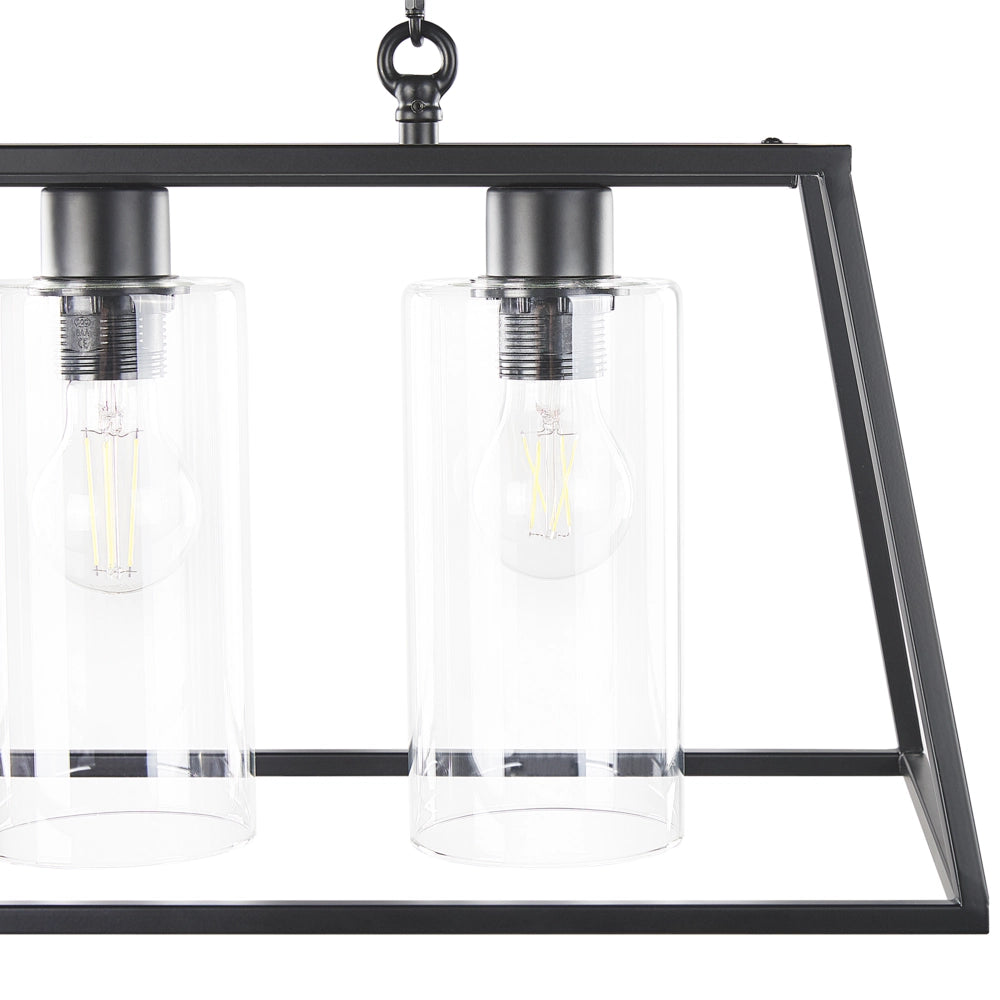 Lampada a Sospensione in Metallo Nero 117 cm Cornice Gabbia 3 Paralumi Cilindrici in Vetro Plafoniera