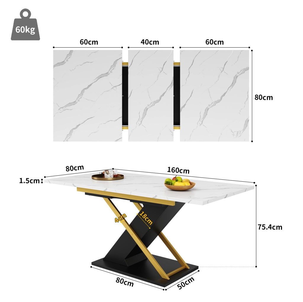 Tavolo da pranzo 120-160x80x75.4 cm allungabile; MDF effetto marmo nero con gambe incrociate