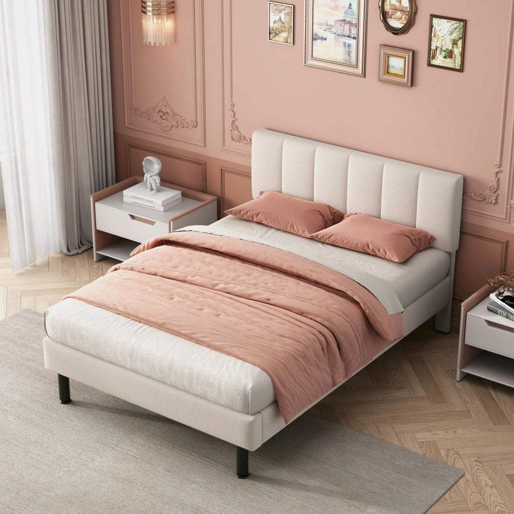 Letto Matrimoniale 140x190 cm; in Sherpa; con Rete a Doghe; Piedini in Ferro; Beige