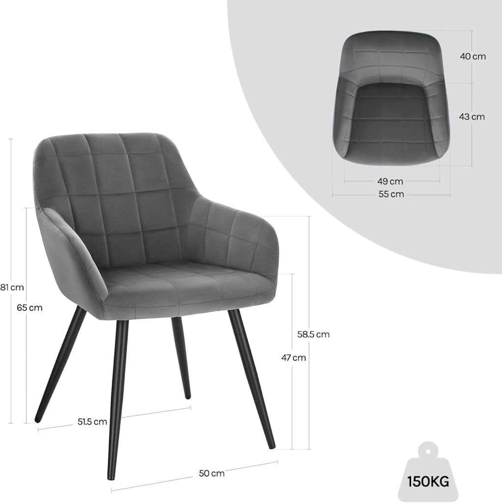 Sedia per Sala da Pranzo Imbottita, Poltroncina in Velluto,Sedia da Cucina con Braccioli e Schienale, Gambe in Metallo, moderne,Grigio Scuro, BH93dgr-1