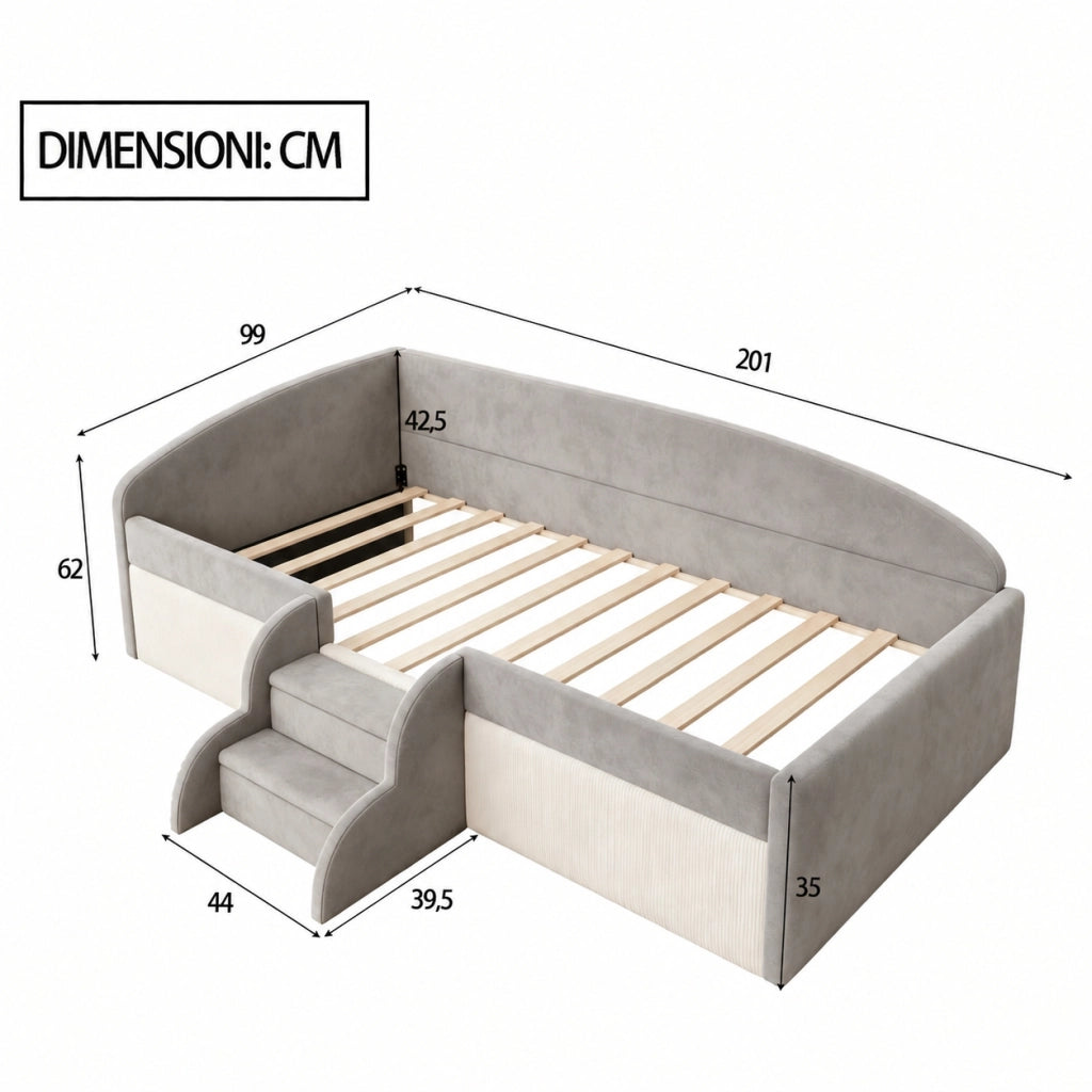 Letto per bambini 90x190 cm imbottito con scaletta e sponde; velluto grigio