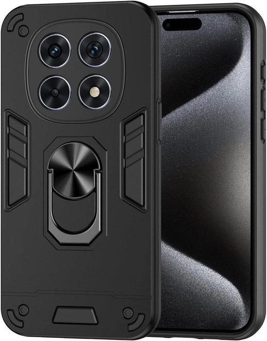 Hoesje schoccorientato per Xiaomi Redmi Note 14 Pro 5G, guscio premium in TPU e PC, nero con anello metallico & chiusura magnetica.
