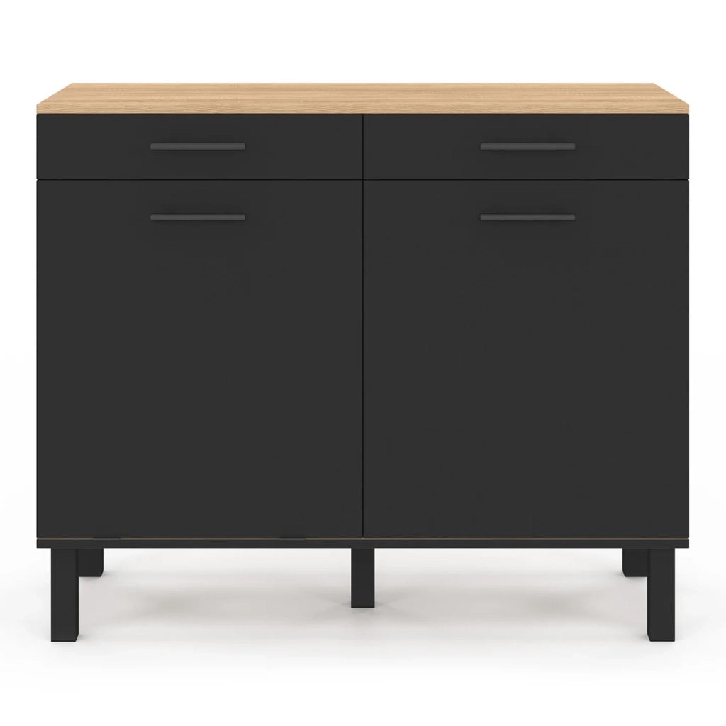 IDMarket - Credenza bassa con cestino 100 cm Piano di lavoro CINA H.83 cm 2 ante + cassetti finitura faggio e nero