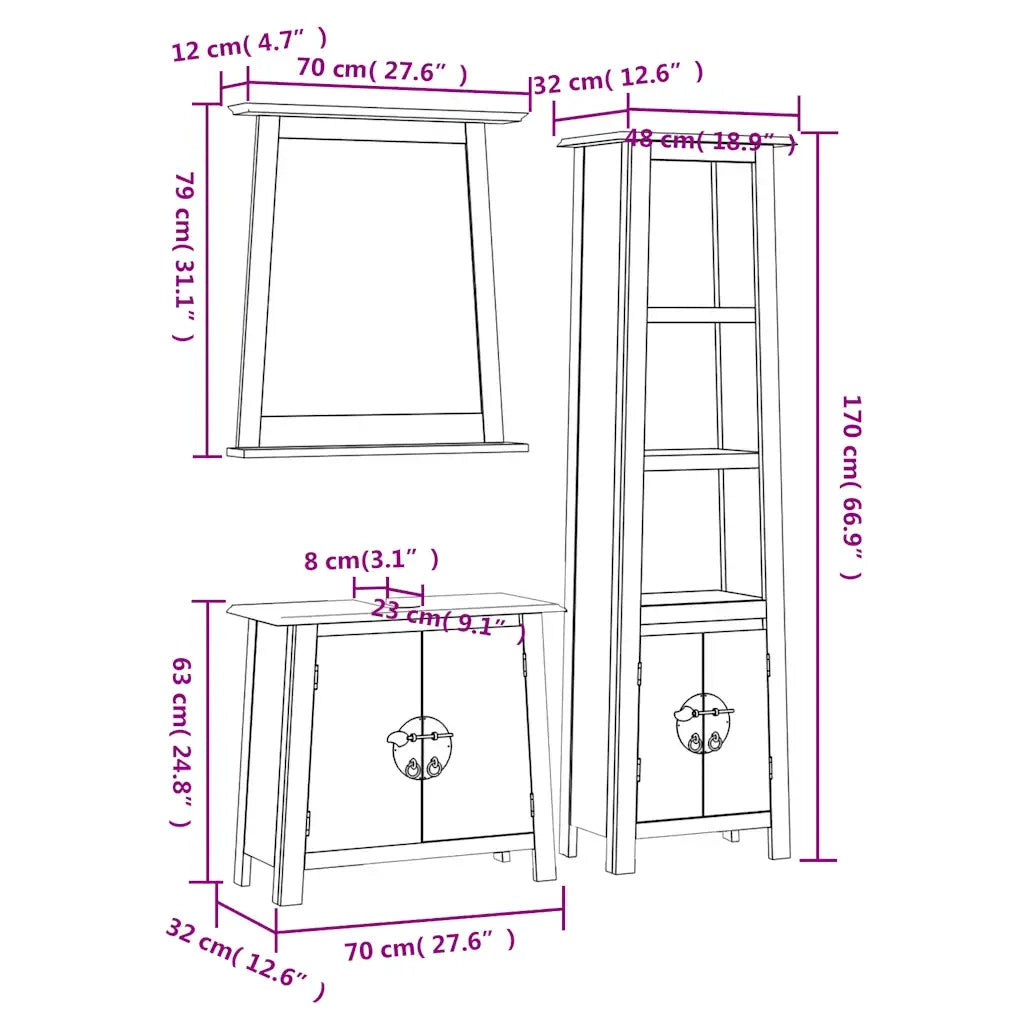 Set Mobili da Bagno 3 pz in Legno Massello di Pino