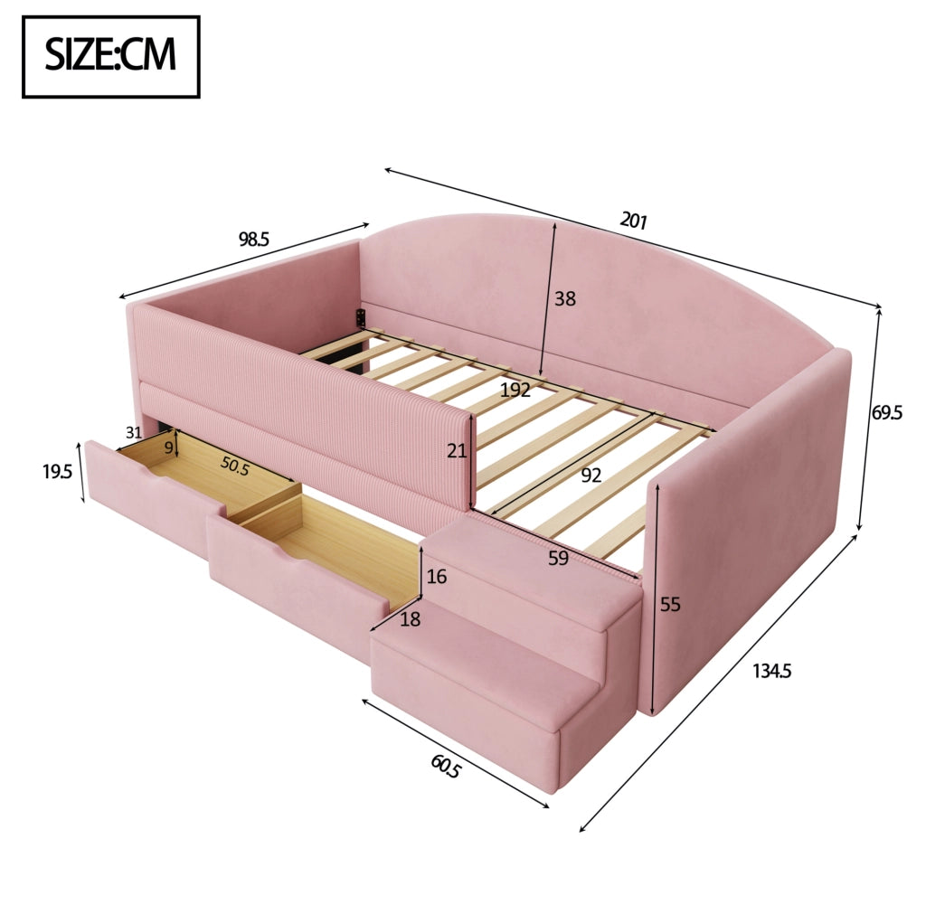 Letto imbottito 90x190 cm con 2 cassetti, sponde di protezione e scaletta rosa
