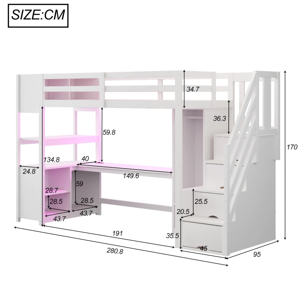 Letto a soppalco multifunzione 90x200 cm con scrivania; armadio; LED e scale contenitive; bianco