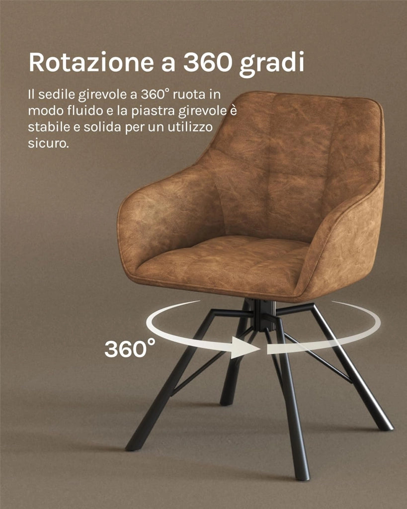Set di 2 Sedie per Sala da Pranzo Girevoli a 360°, Sedie da Cucina Imbottite con Gambe in Metallo, Poltroncine in Similpelle per Camera da Letto, Soggiorno, Marrone Chiaro, BH366hbr-2