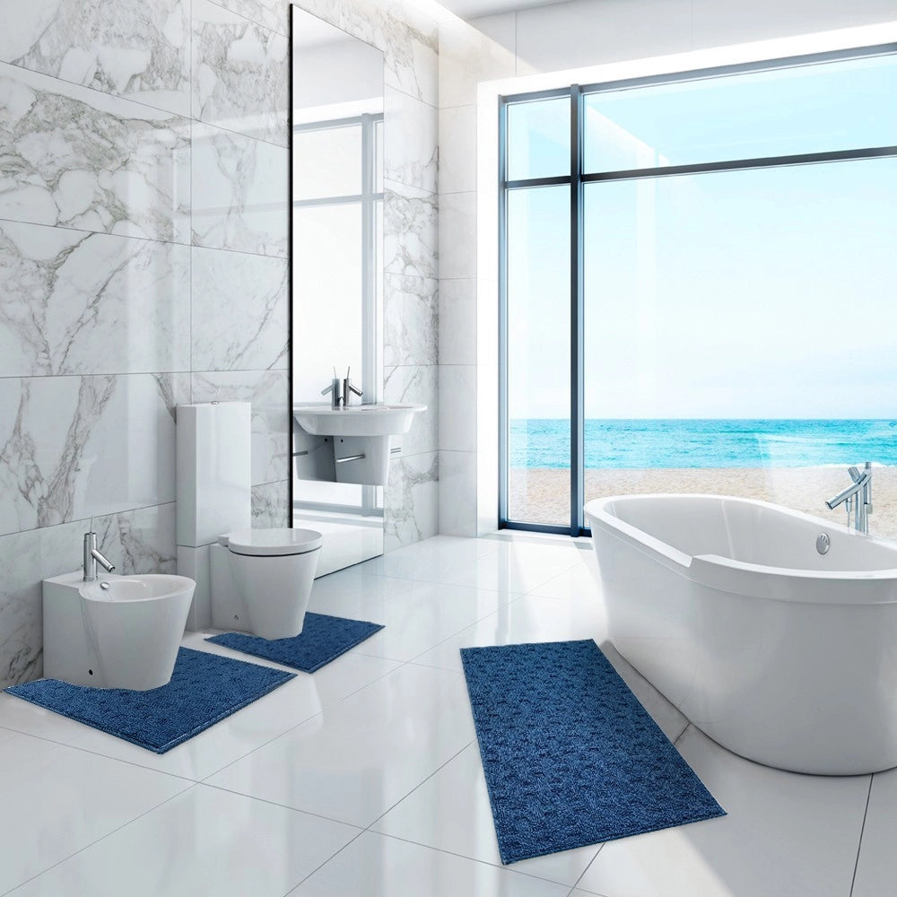 Tappeto Bagno Morbido Assorbente Antiscivolo 3D Intrecciato Lavabile Set 3 Pezzi Blu