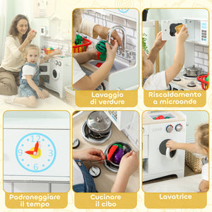 Cucina Giocattolo per Bambini 3-6 Anni con Set di Accessori Lavandino e Manopole con Suoni in Legno Bianco