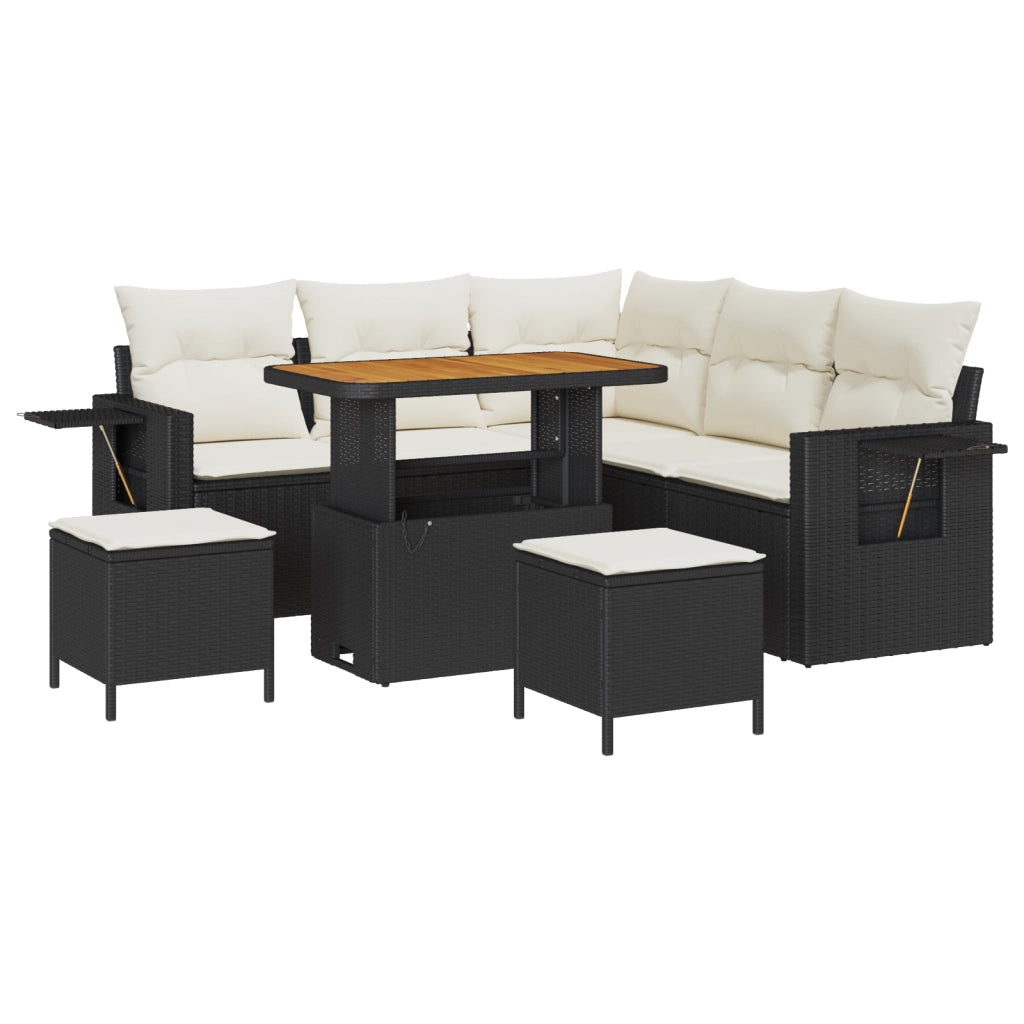 Set Divano da Giardino 8 Pezzi con Cuscini Nero Rattan Polietilene Acacia
