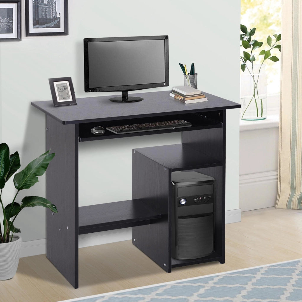 Scrivania PC Moderna in Legno con Ripiano per CPU e Spazio per Tastiera Estraibile, 80x45x75 cm, Nero
