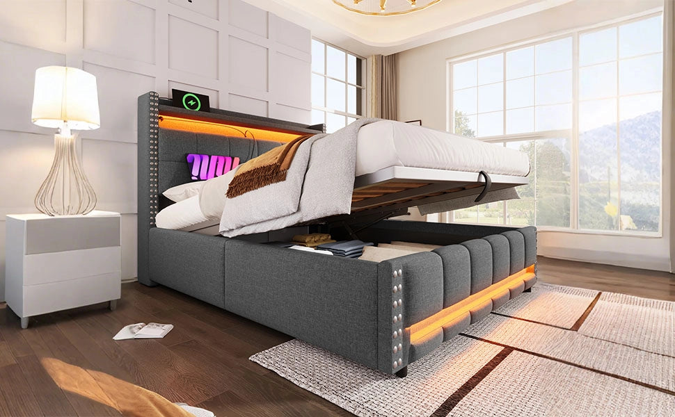 DESMIU Letto imbottito 140 × 200 cm 2 posti con LED, USB, contenitore nella testiera, senza materasso, grigio