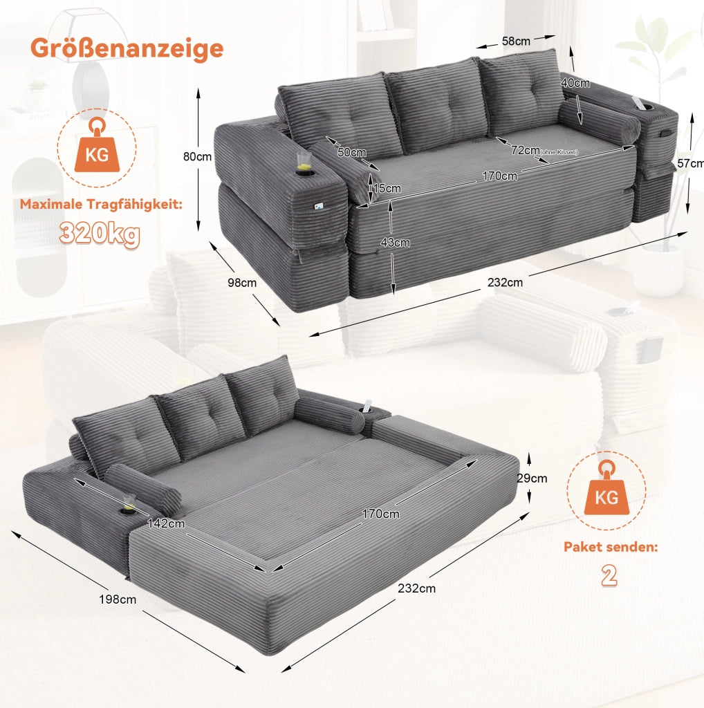 Divano Letto in Velluto a Coste per 3 Persone con Schiuma ad Alta Densità e Molle, Cuscini Memory e Porta Bevande, 232x98x80 cm