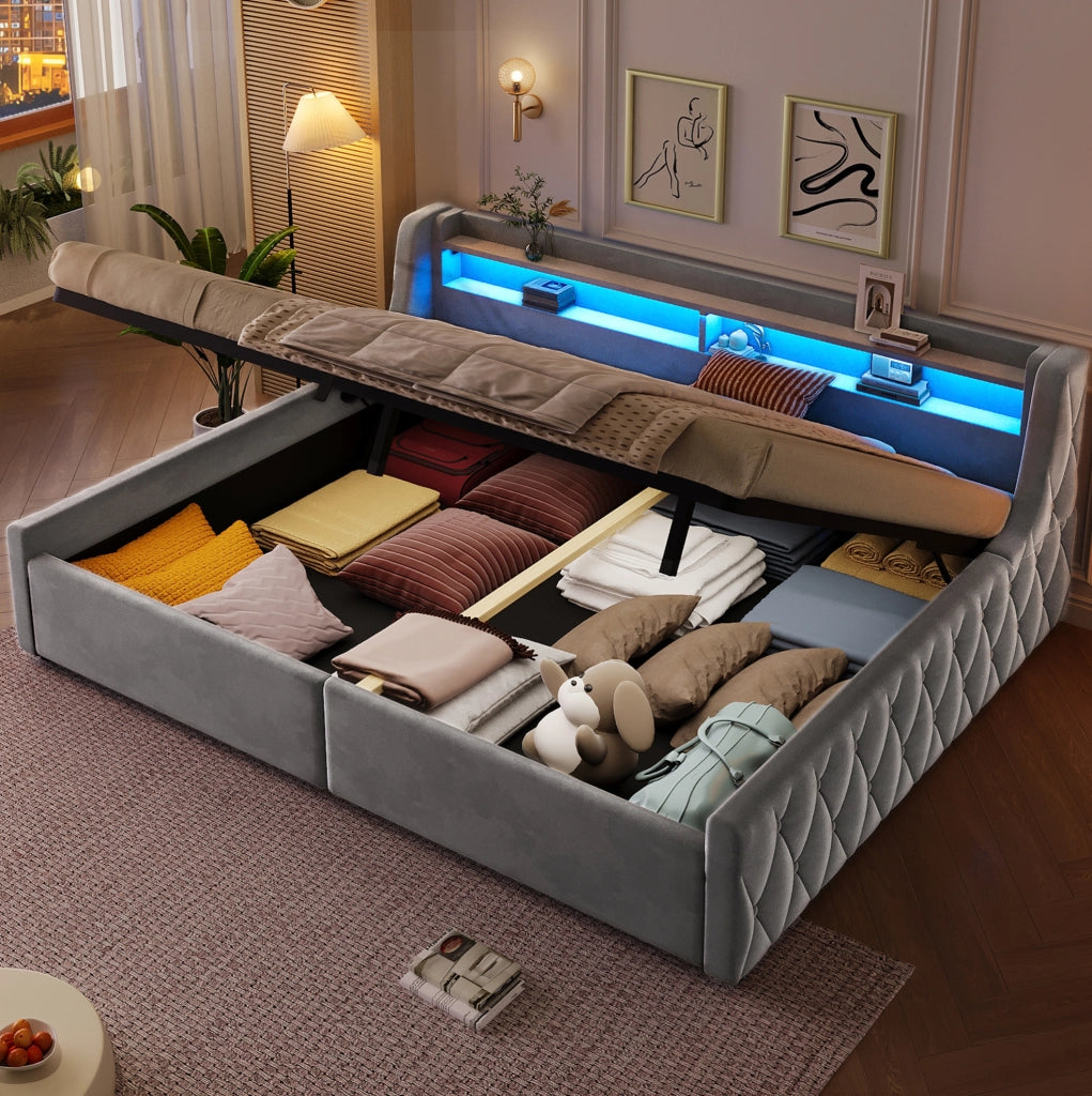 Letto imbottito 140x200 cm con contenitore idraulico e testiera LED; in flanella grigia