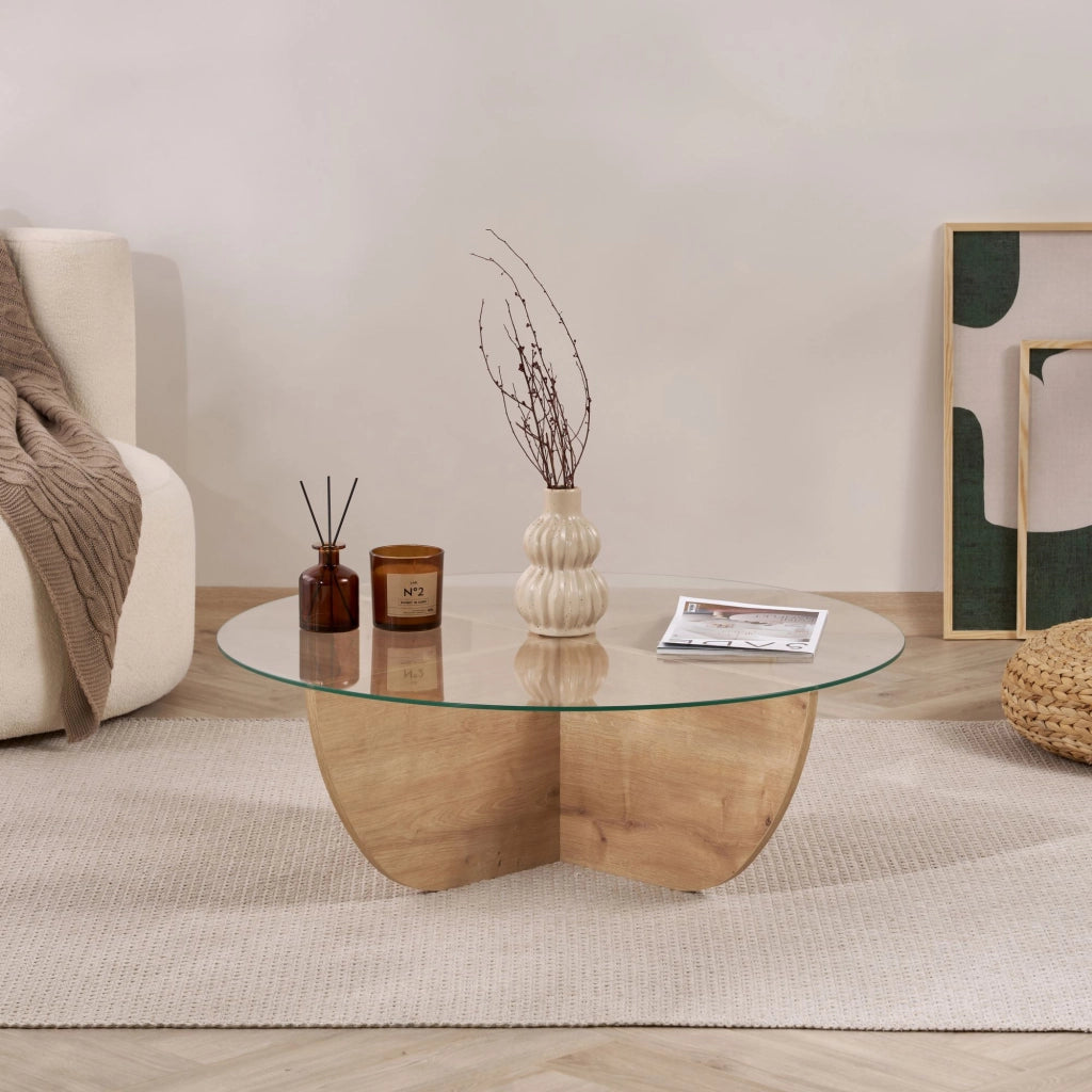 Tavolino in vetro "Liya" 90 x 90 x 30 cm - Rovere zaffiro