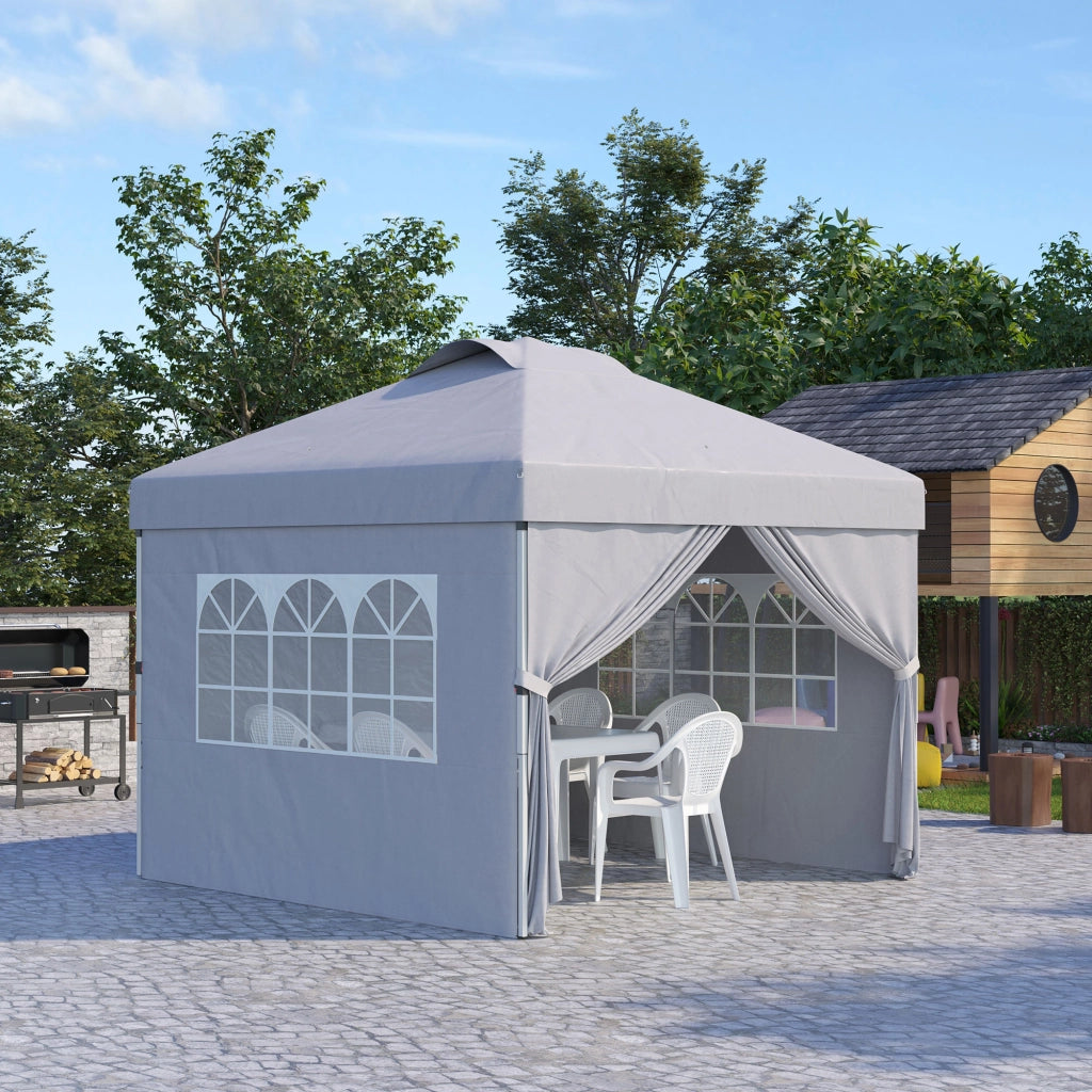 Gazebo Pieghevole 3x3 m con Altezza Regolabile su 3 Livelli, Finestre e Borsa di Trasporto, Grigio Chiaro