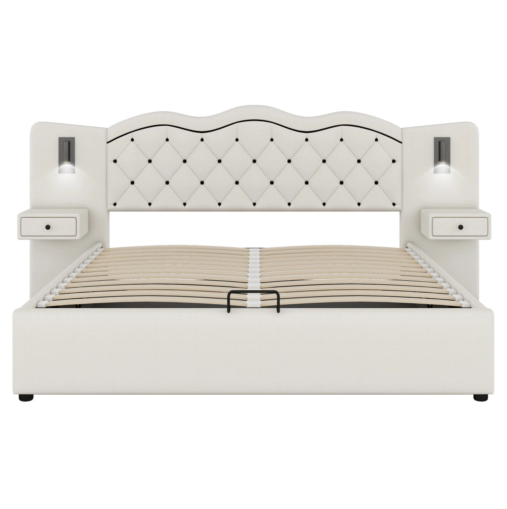 Letto imbottito ULEVR 180x200 cm beige con contenitore idraulico, USB e luci laterali integrate