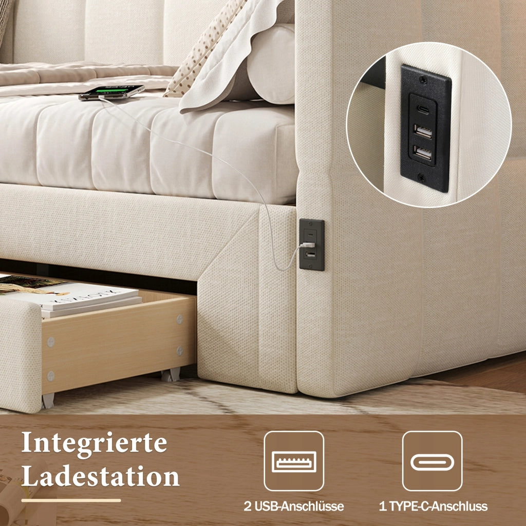 Letto a scomparsa imbottito 90x200 - Xylo - 2 cassetti USB beige