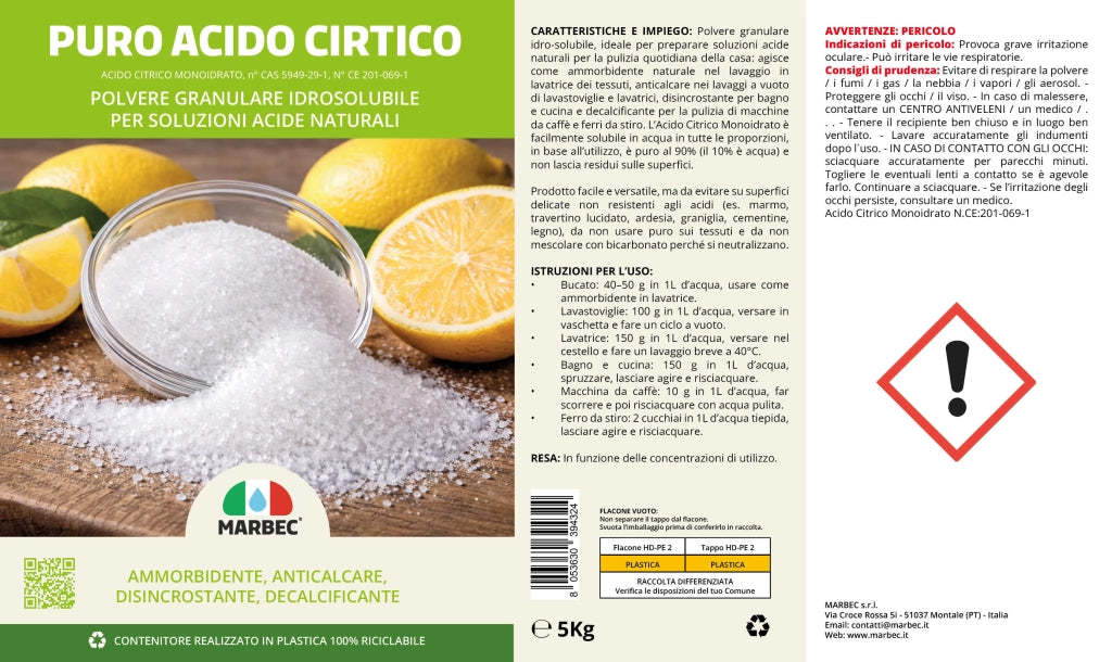 Detergente disincrostante versatile, anticalcare e ammorbidente naturale Marbec PURO ACIDO CITRICO - 5KG