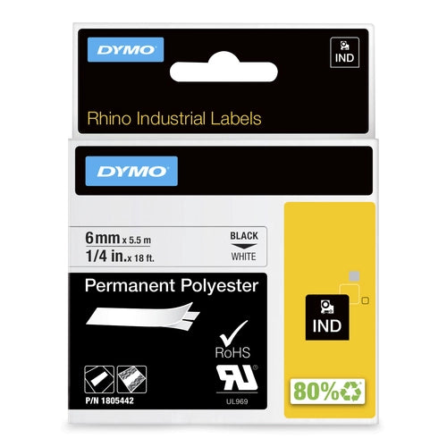 DYMO Rhino Etichette in poliestere permanenti industriali / 6 mm x 5,5 m / Stampa nera su bianco / Autoadesive / per stampanti di etichette Rhino e LabelManager