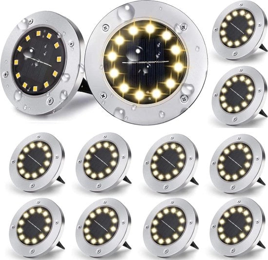 Illuminazione esterna a energia solare - Lampada da terra 12 led 800 mAh - Aggiornamento pannello solare - Illuminazione a disco - Decorazione - Percorso da giardino piscina terrazza - Bianco caldo
