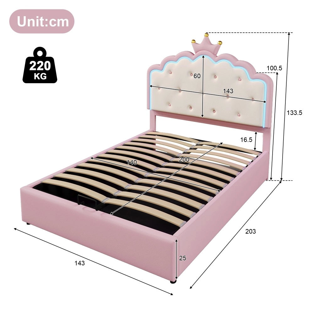 Letto Imbottito Contenitore con LED ¨C MINIMAL ¨C Rosa, PU, 140x200, Idraulico, con Rete