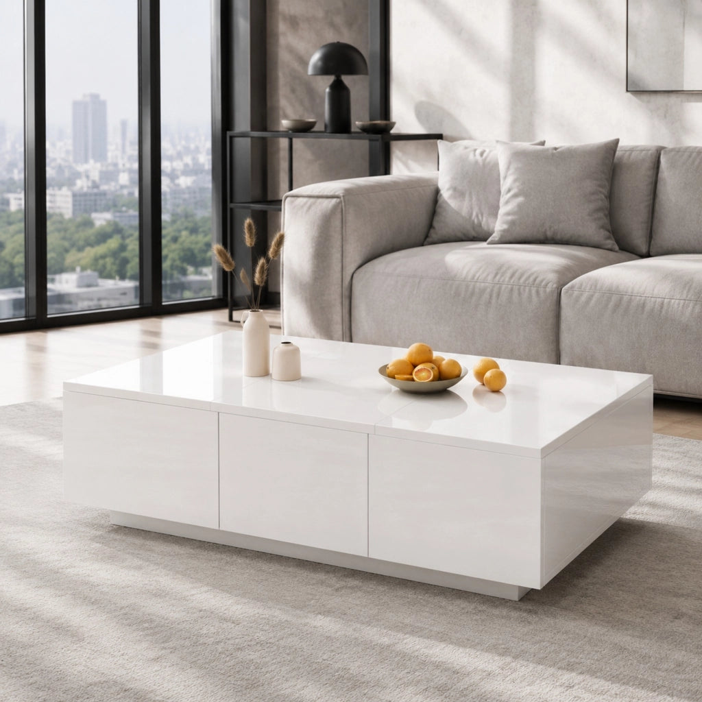 TAVOLINO da caffè 100x50x31 cm bianco lucido con cassetti e vani contenitore