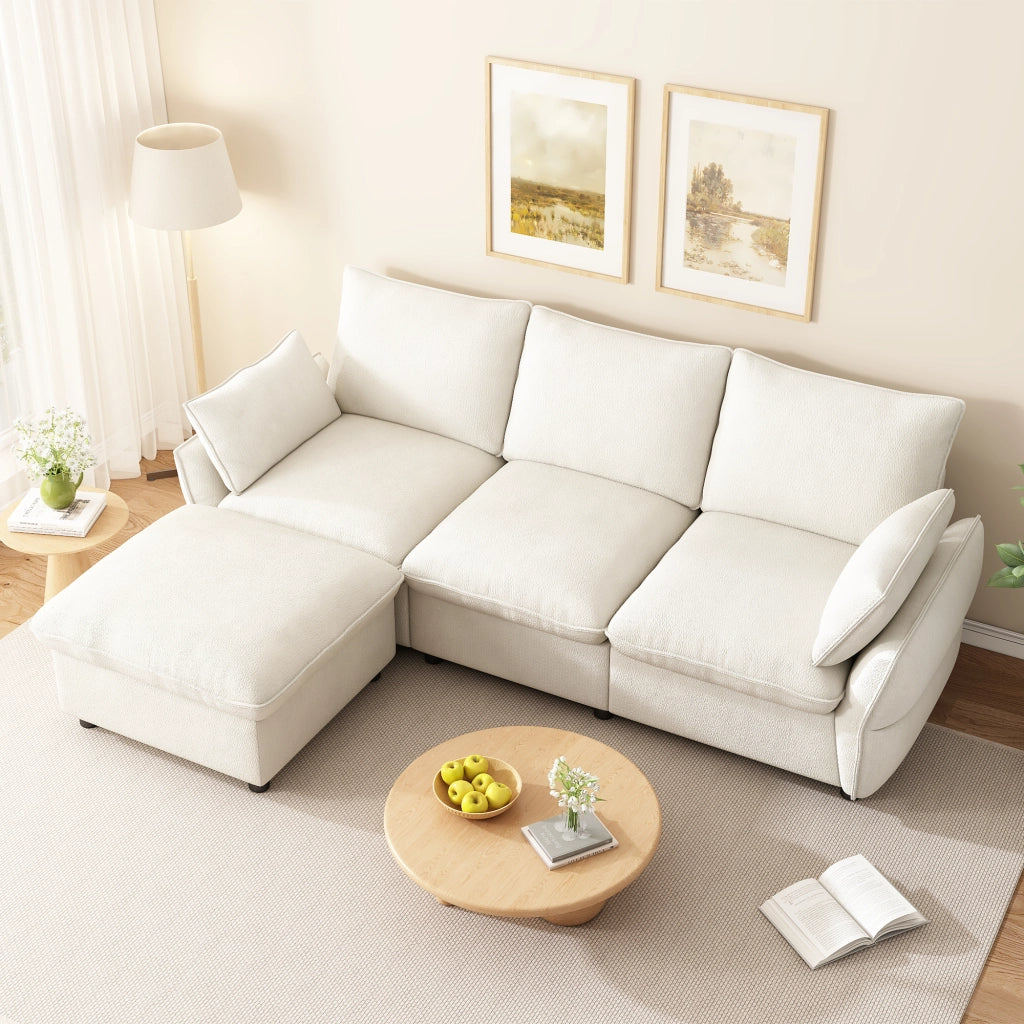 Divano angolare L in chenille beige con pouf, 3 posti, design moderno per soggiorno
