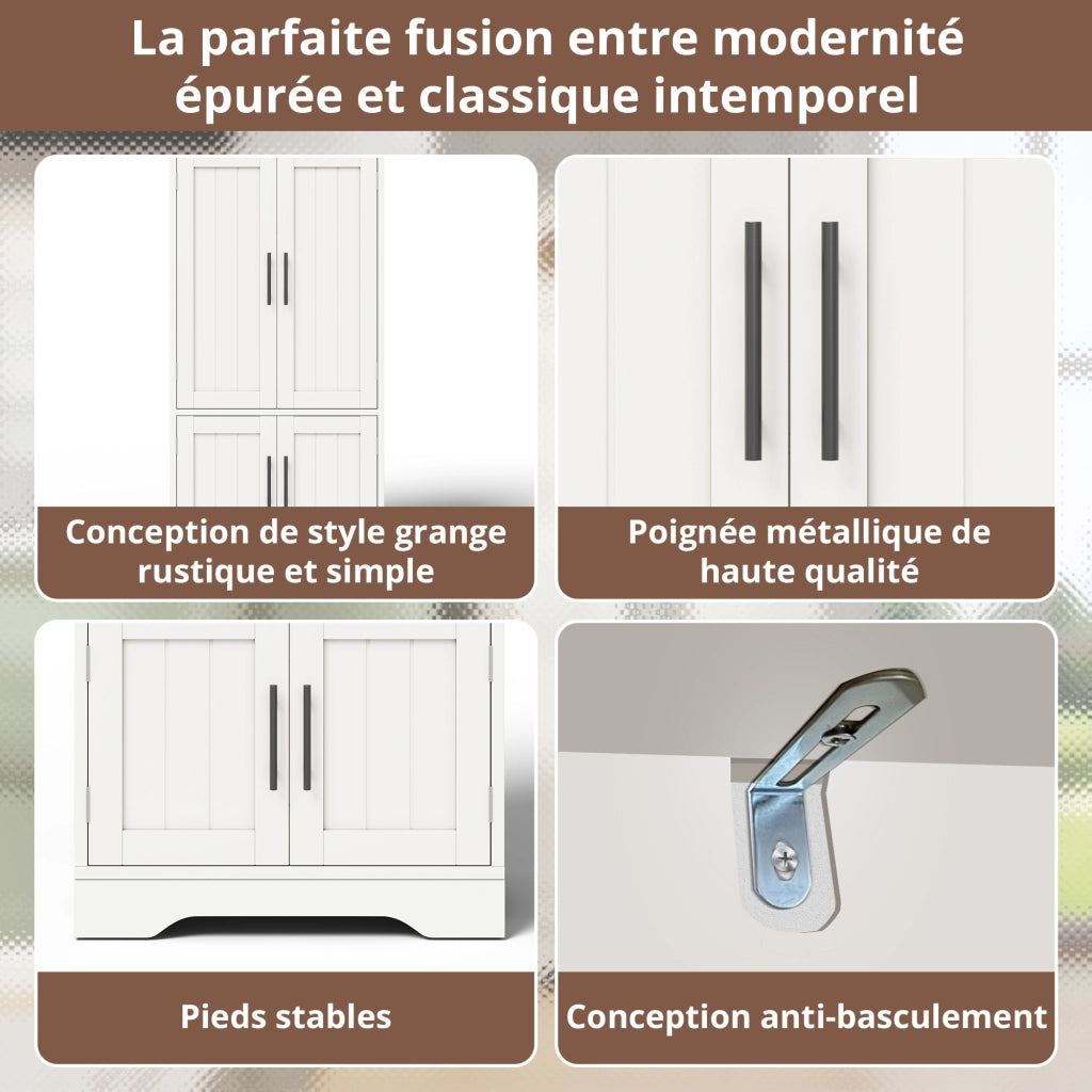 Credenza alta con LED sensore, 2 ripiani regolabili e ante ondulate, per cucina, in MDF bianco 120 × 60 × 40 cm