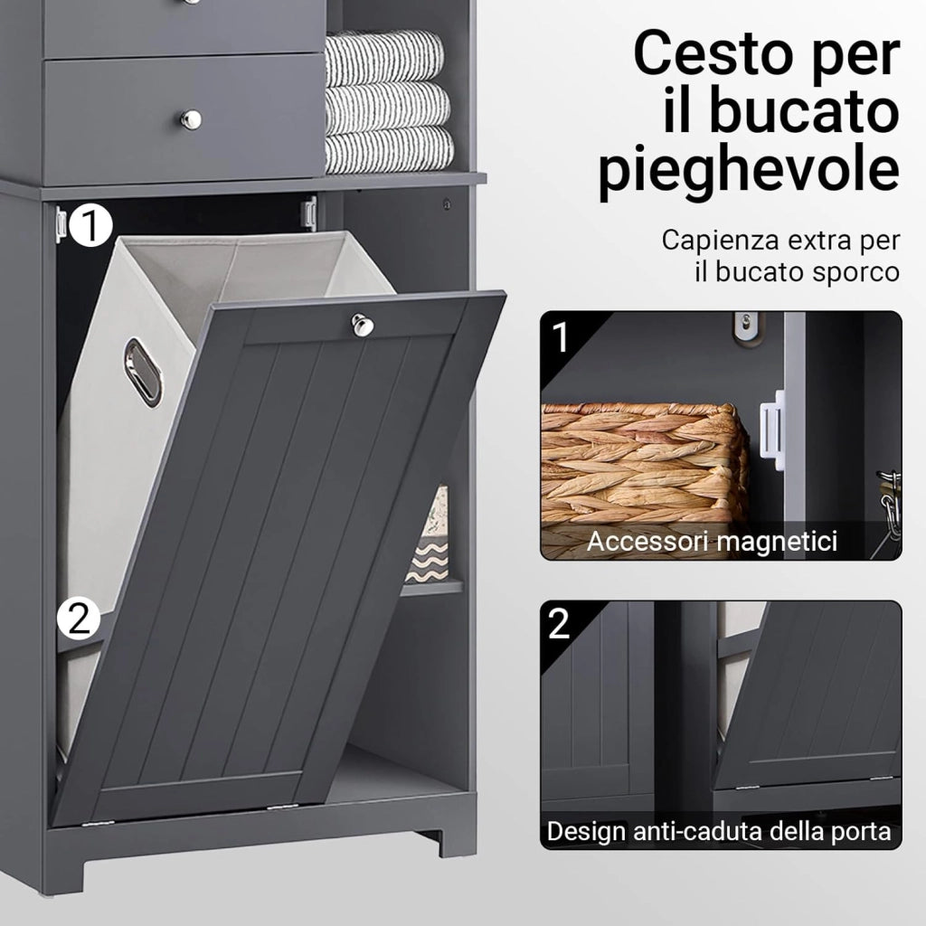 Mobile Bagno con Cesto per Linge Mobile Rangemento Alto Armadio Bagno con 6 Ripiani e 2 Cassetti Mobiletto Salvaspazio Grigio 60x37x171 cm BZR104-DG