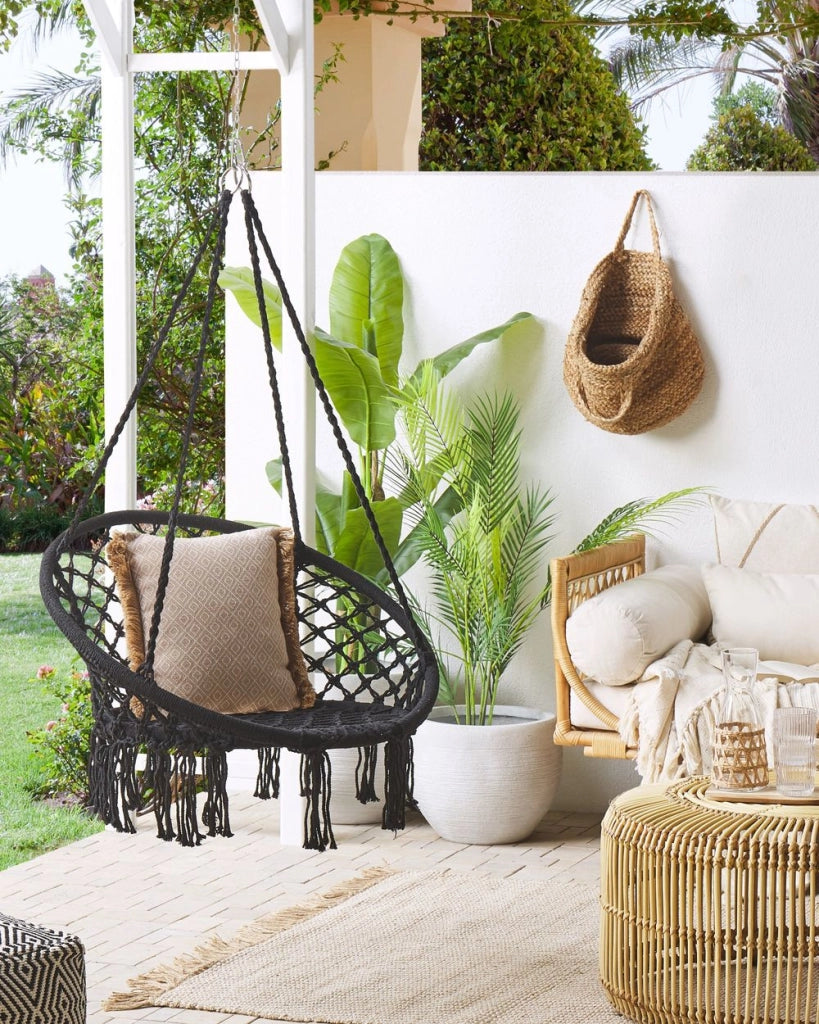 Sedia sospesa poltrona pensile Sedia a dondolo per interni in macramè Nero intrecciato in stile Boho