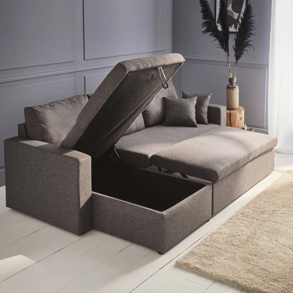 Divano letto angolare reversibile con contenitore, 3 posti, grigio