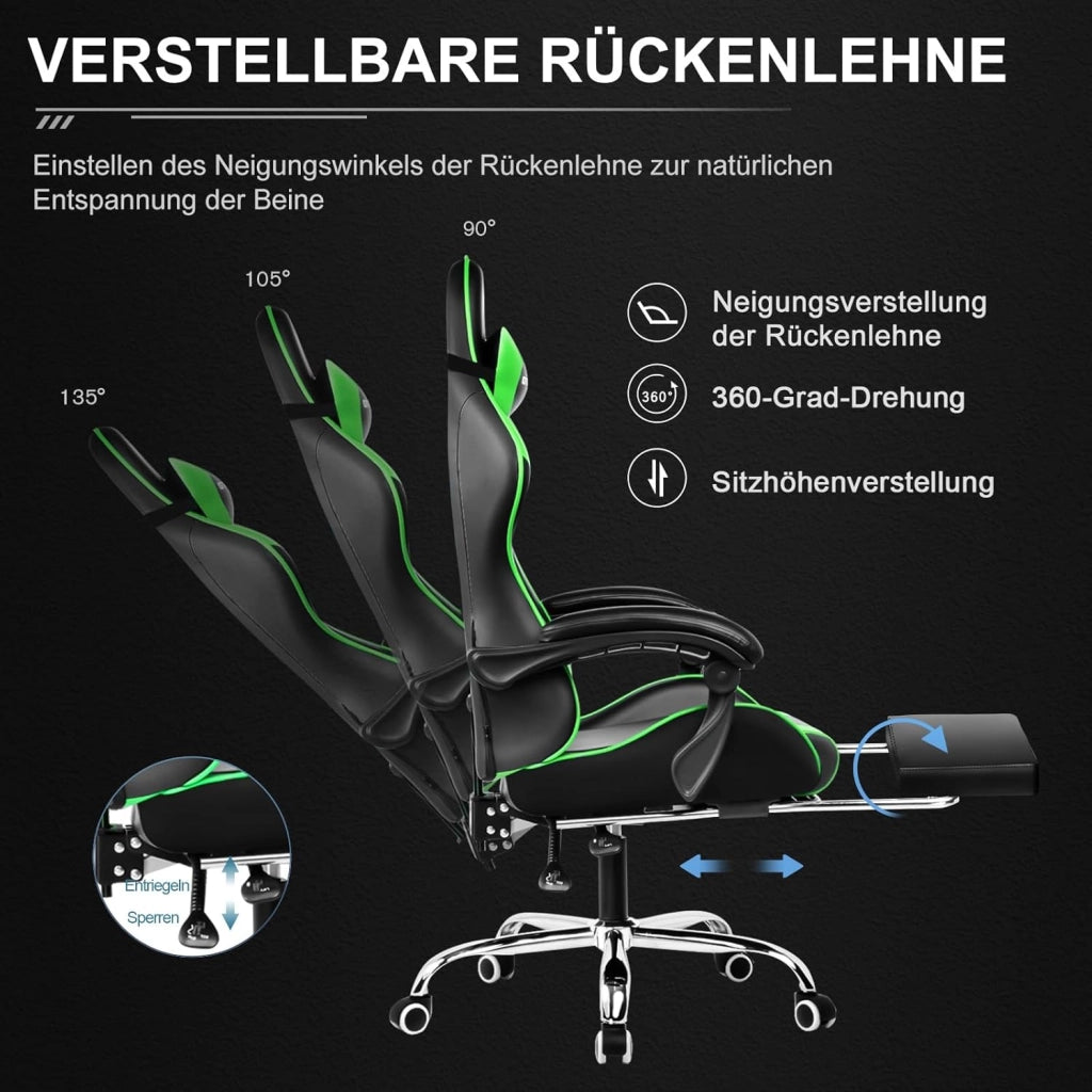 Sedia da ufficio, da gaming, da gaming, ergonomica, con poggiapiedi, poggiatesta, cuscino lombare, imbottito, sedia girevole verde