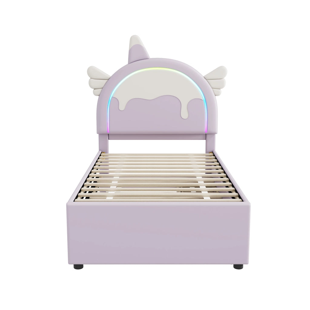 Letto Estraibile Letto Singolo 90 x 200 cm con Cassetto e Testiera Unicorno; senza Materasso; PU Viola