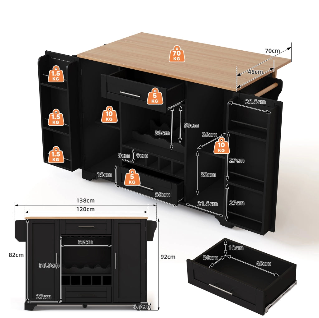 Carrello cucina con piano ribaltabile 138x45(70)x92 cm; nero e naturale; in MDF