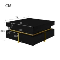 Tavolino da salotto laccato lucido con cassetti e dettagli dorati, 70×70×35,5 cm, Nero