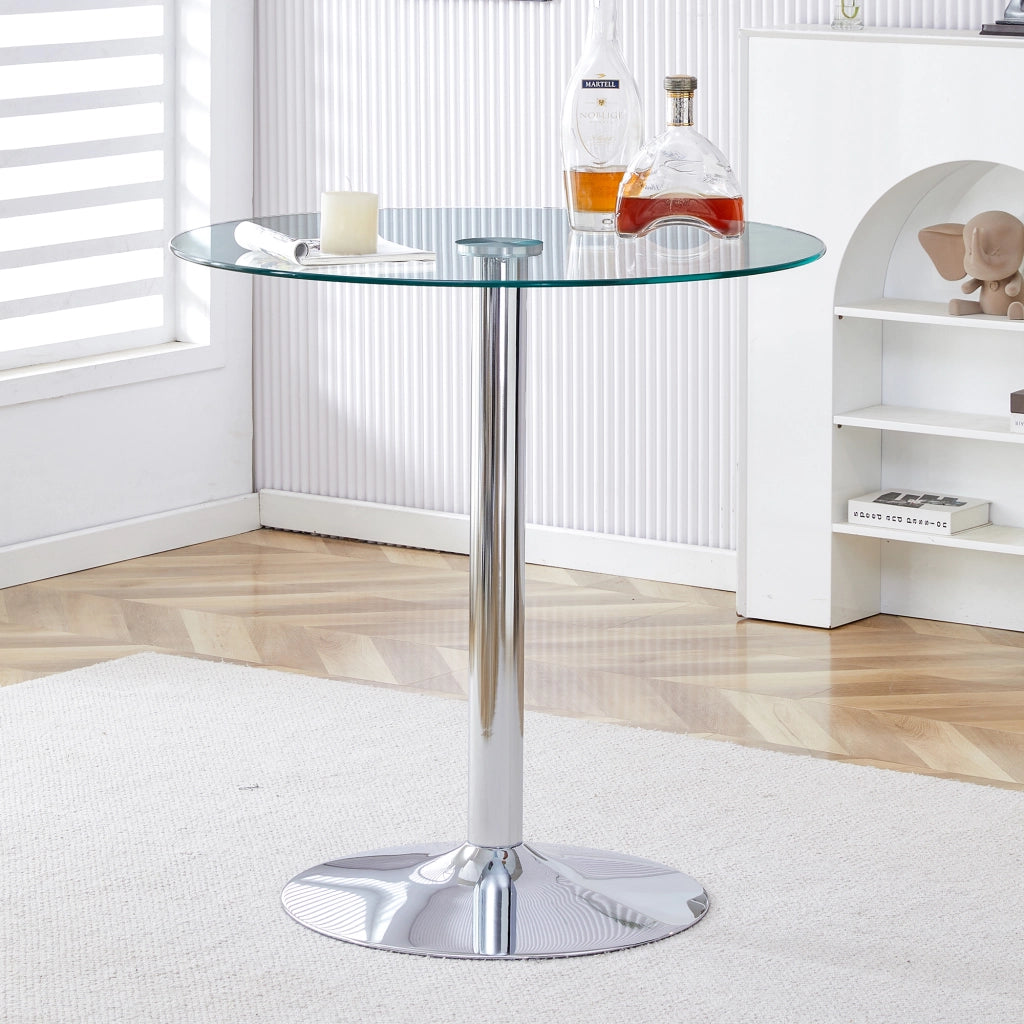 Tavolo Bar Rotondo con Piano in Vetro Trasparente e Base in Metallo Argento per Cucina; Bar e Caffè 89×92 cm